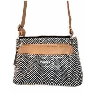 Rosetti Black & Cream Woven Zig Zag Design w Tan Faux Leather Accent, Crossbody